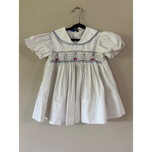 Vintage Smocked Sailboat Dress White Blue Peter Pan Collar Nautical 2T